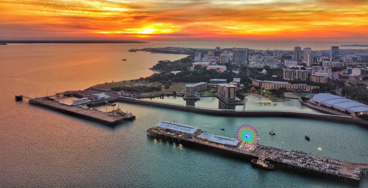 Aerial view of Darwin City during sunset